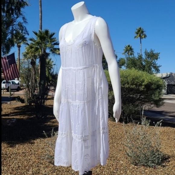 JOHNNY WAS ANTHRO White Eyelet Lace Dress S Small Embroidered Tiered Boho Sheer - Picture 15 of 16